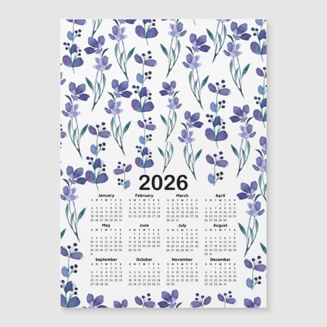 2026 Kalender - blått Blommönster för vattenfärg (Framsida)