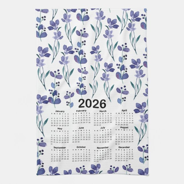 2026 Kalender - blått Blommönster för vattenfärg Kökshandduk (Vertikal)