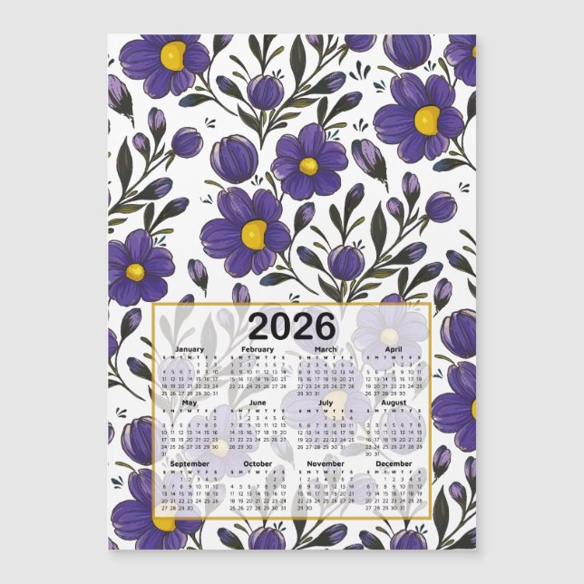 2026 Kalender Blue Violet Flowers med Löv (Framsida)