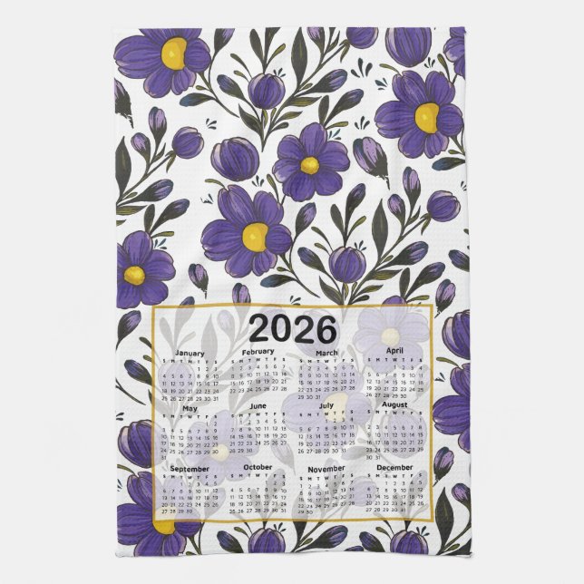 2026 Kalender Blue Violet Flowers med Löv Kökshandduk (Vertikal)