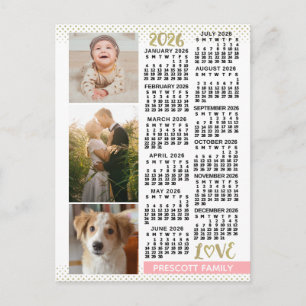 2026 Kalender Blush Rosa Guld Familjefoto Collage Vykort