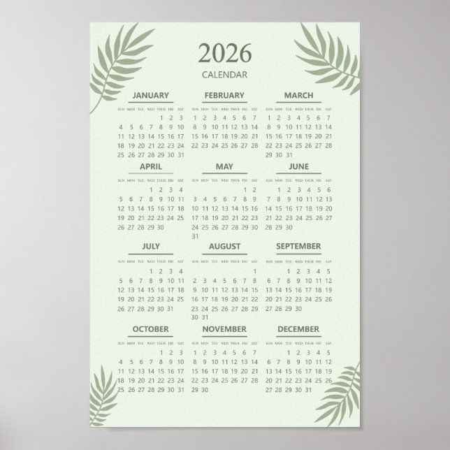 2026 Kalender Boho Blommig Estetik Ljust Grön Poster (Framsidan)