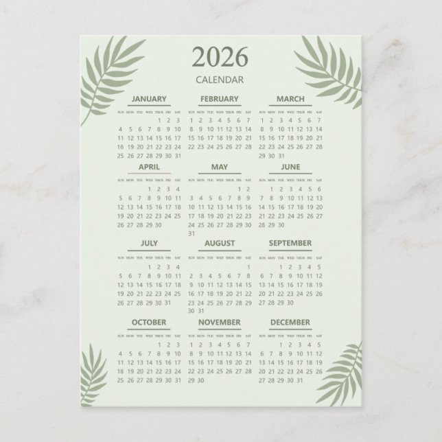 2026 Kalender Boho Blommig Estetik Ljust Grön Vykort (Framsida)