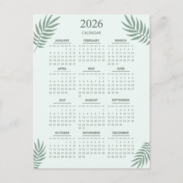 2026 Kalender Boho Blommig Estetik Mintgrön  Vykort (Framsida)