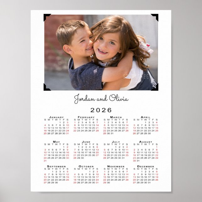 2026 Kalender Ditt foto och Namn på vitt Poster (Framsidan)
