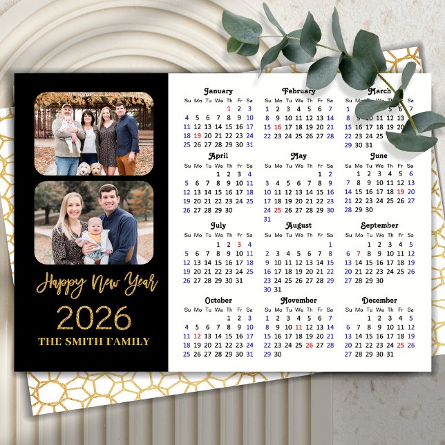 2026 Kalender Elegant Guld Glitter Script 2-foto Julkort (Skapare uppladdad)