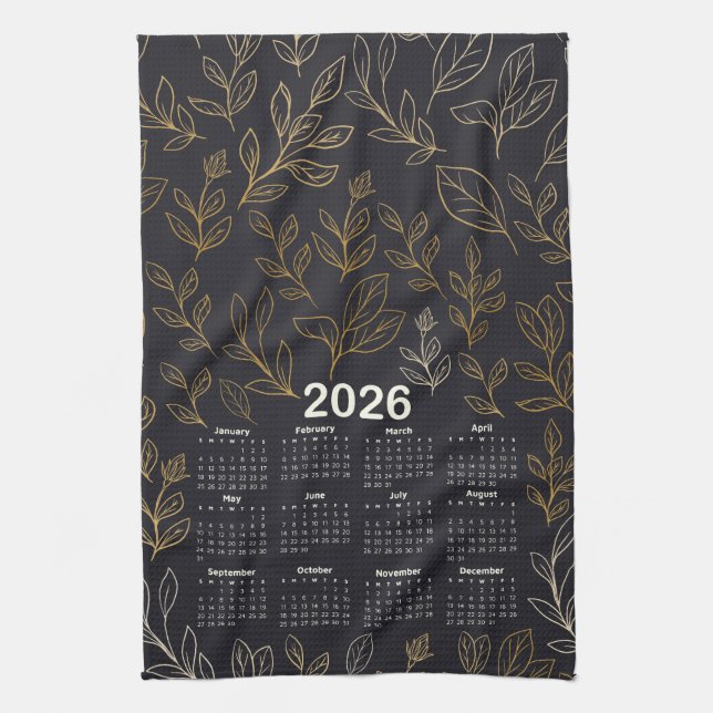2026 Kalender Elegant Guld Löv Mönster Kökshandduk (Vertikal)