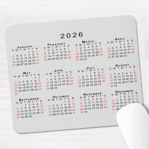 2026 Kalender Enkel Grå Svart Röd Musmatta