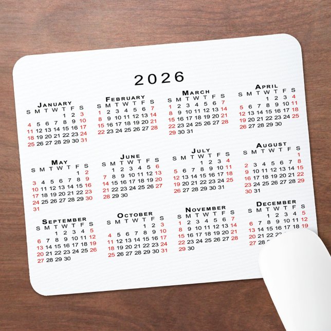 2026 Kalender Enkel Vit Svart Röd Musmatta (2026 Calendar Simple White Black Red Mouse Pad, in situ)