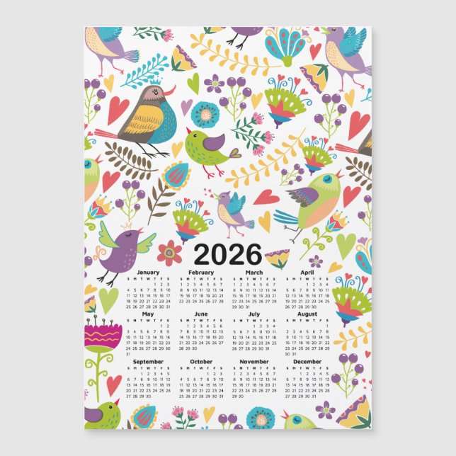 2026 Kalender - Fåglar och blommor med flera färge (Framsida)