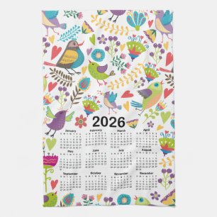 2026 Kalender - Fåglar och blommor med flera färge Kökshandduk