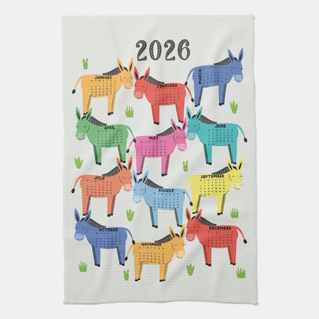 2026 Kalender - färgfull Donkey Kökshandduk (Vertikal)