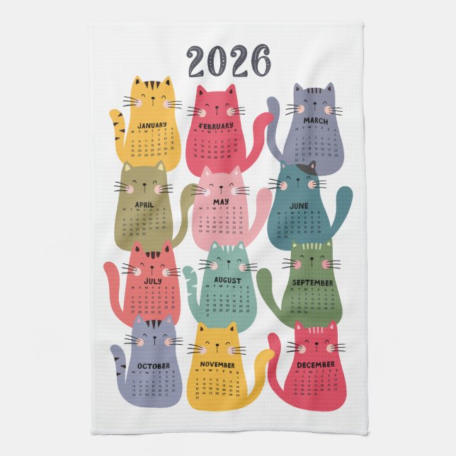 2026 Kalender - färgstarka katter Kökshandduk (Vertikal)