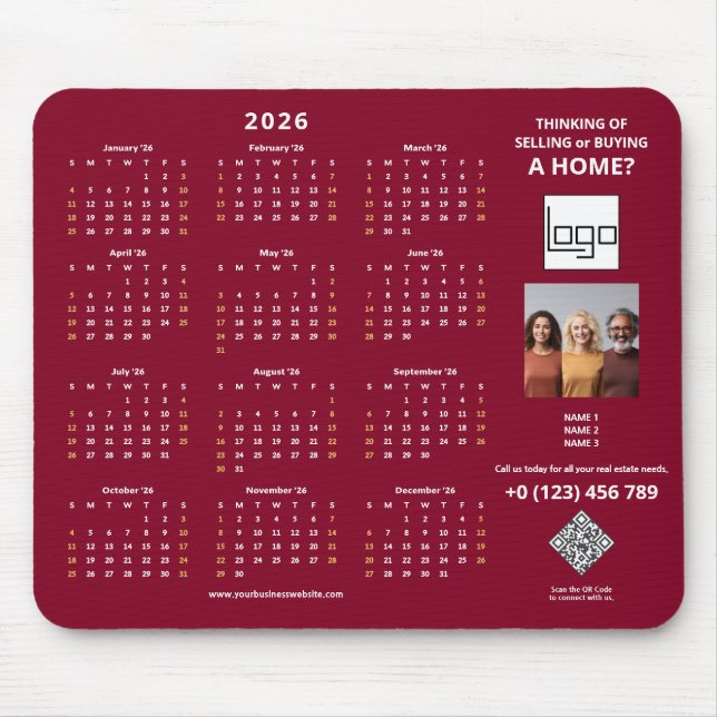 2026 Kalender Företagets Logotyp QR-kod Burgunder  Musmatta (Framsidan)