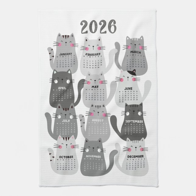 2026 Kalender Grått Cats Kökshandduk (Vertikal)