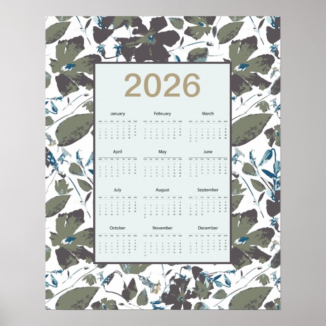 2026 Kalender Grön Blå Klematis Blommig Poster (Framsidan)