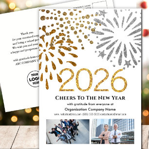 2026 Kalender Guld Glitter Fireworks Business Logo Helg Vykort