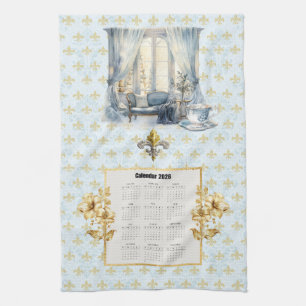 2026 Kalender Handduk Blå Fleur de Lis Parisian Kökshandduk