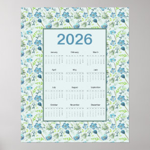2026 Kalender Hela Året Blå Blommig Poster