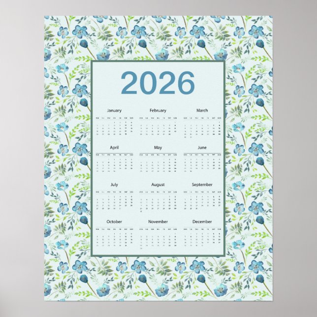 2026 Kalender Hela Året Blå Blommig Poster (Framsidan)