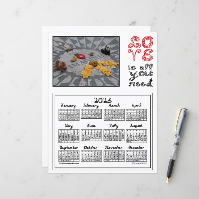 2026 Kalender Imagine Peace Foto Kärlek Tyg Font (Fram/Back In Situ)