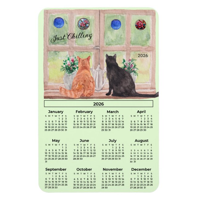 2026 Kalender Katter i fönstret Flexibel Magnet (Vertikal)