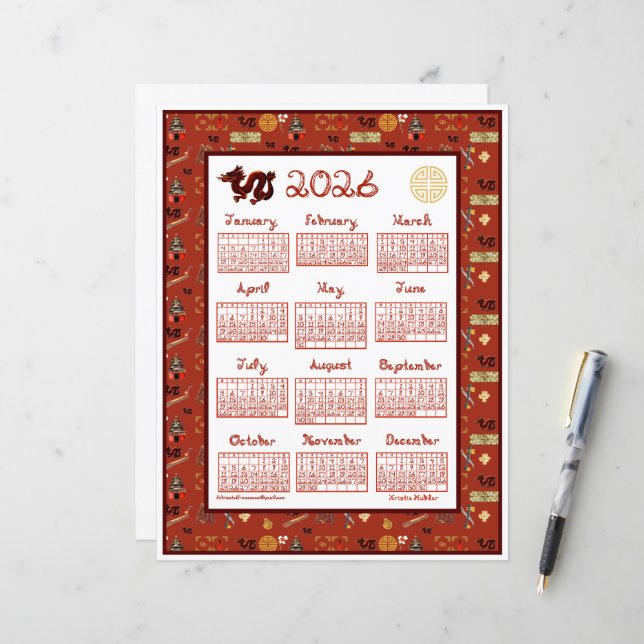 2026 Kalender Kinesiskt Tema Röd Upprepad Tyg Font (Fram/Back In Situ)