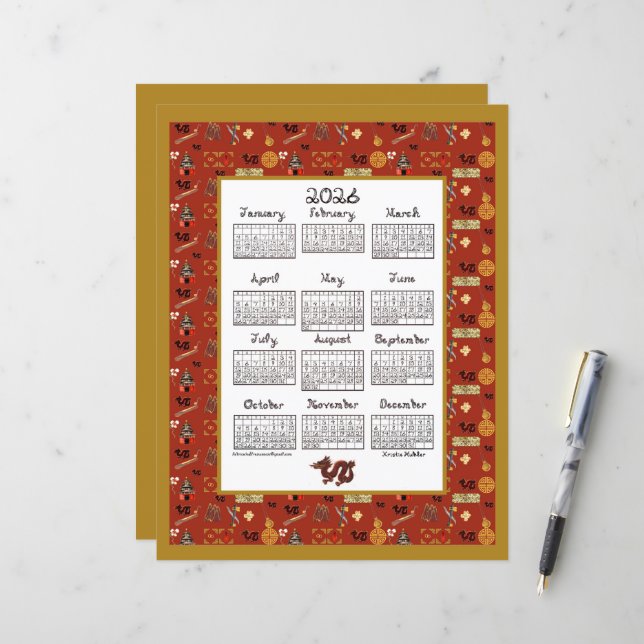 2026 Kalender Kinesiskt Tema Röd Upprepad Tyg Font (Fram/Back In Situ)