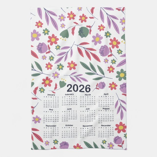 2026 Kalender Lila och Röda Blommönstret Kökshandduk (Vertikal)