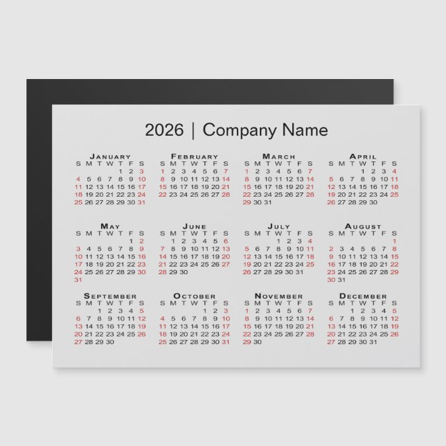 2026 Kalender med Business Namn Grått Magnet (Fram/baksida)