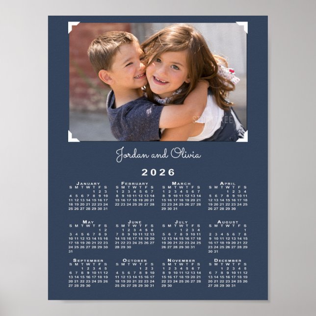 2026-kalender med foto- och Namn-marinblått Poster (Framsidan)