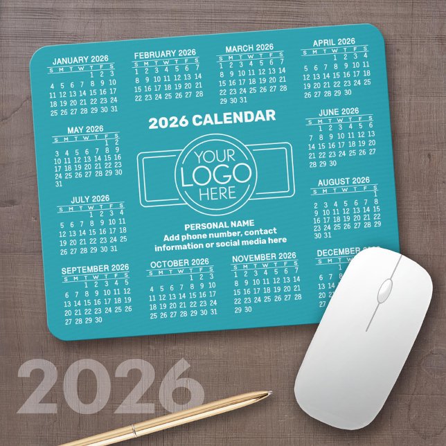 2026 Kalender med logotyp, Kontaktinformation Blå Musmatta (2026 Calendar on a Mousepad)