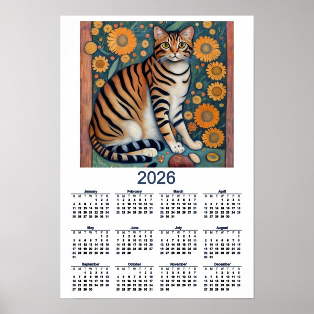 2026 Kalender med Tabby Cat Folk Art Poster (Framsidan)