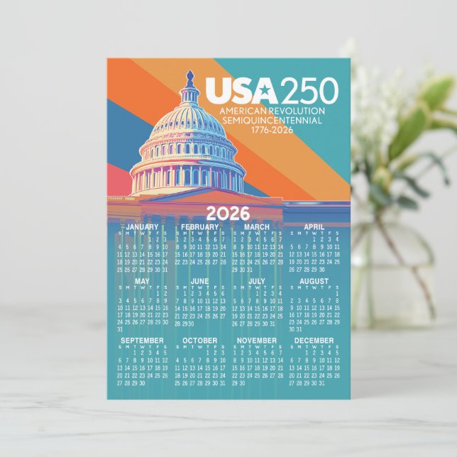 2026 Kalender med USA 250 Capital America Card (Stående Fram)