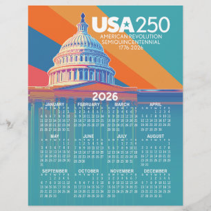 2026 Kalender med USA 250 Capital Dome Amerika Brevhuvud
