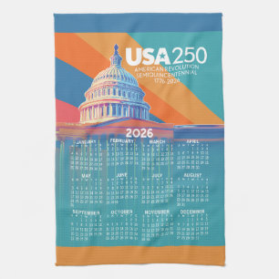 2026 Kalender med USA 250 Capital Dome Amerika Kökshandduk