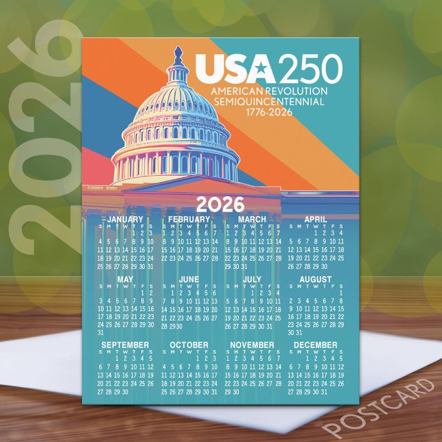 2026 Kalender med USA 250 Capital Dome Amerika Vykort (2026 Calendar on a Postcard)