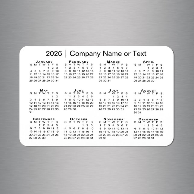 2026 Kalender med vit Anpassningsbar Magnet (2026 Calendar with Custom Text White Magnet in situ)