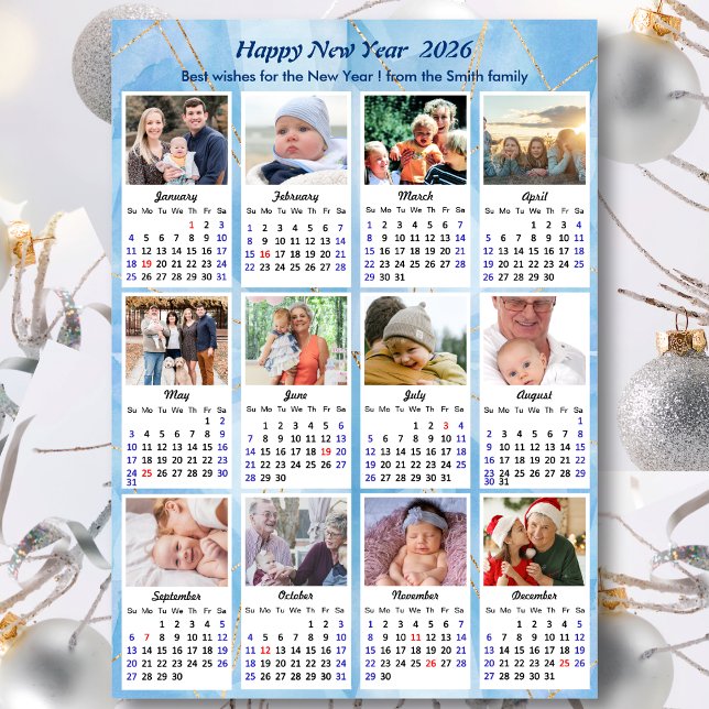 2026 Kalender Modern Blue Guld 12 Fotokollage Julkort (Skapare uppladdad)