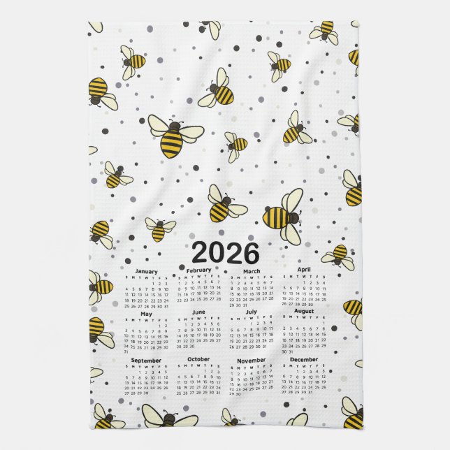 2026 Kalender Mönster med bin och punkter Kökshandduk (Vertikal)