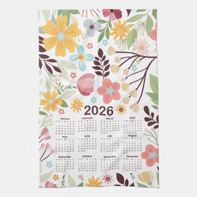 2026 Kalender Multifärgad Hand plockade Blommigt Kökshandduk (Vertikal)
