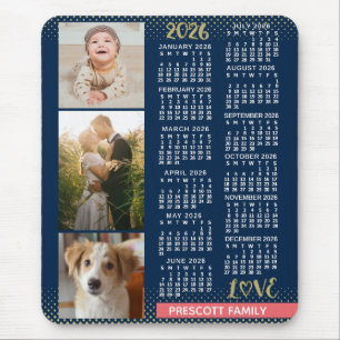2026 Kalender Navy Coral Guld Familjefoto Collage Musmatta