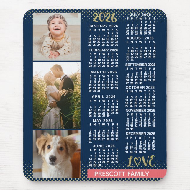 2026 Kalender Navy Coral Guld Familjefoto Collage Musmatta (Framsidan)