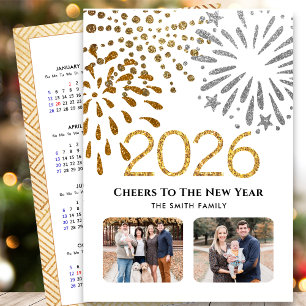2026-kalender - nytt års Fireworks Guld-familjfoto Julkort