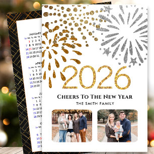 2026-kalender - nytt års Fireworks Guld-familjfoto Julkort