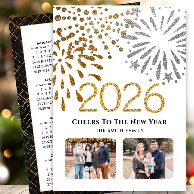 2026-kalender - nytt års Fireworks Guld-familjfoto Julkort (Skapare uppladdad)