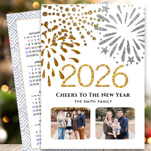 2026-kalender - nytt års Fireworks Guld-familjfoto Julkort