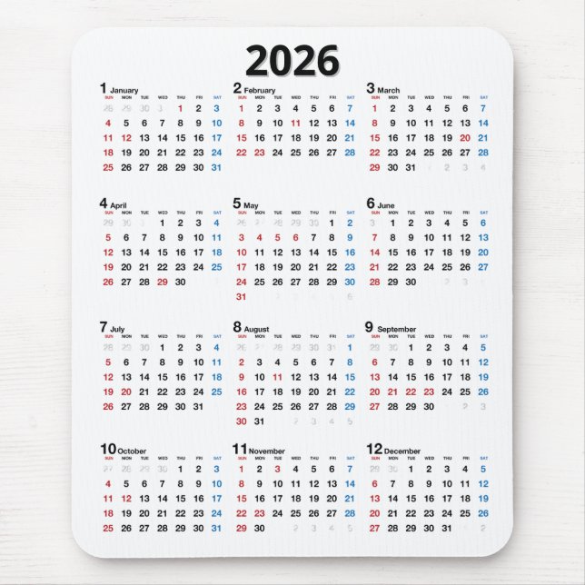 2026 Kalender På Vitt Musmatta (Framsidan)