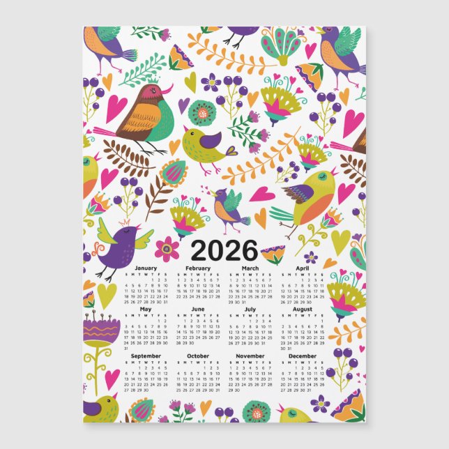2026 Kalender Rosa och Lila Fåglar och blommor (Framsida)