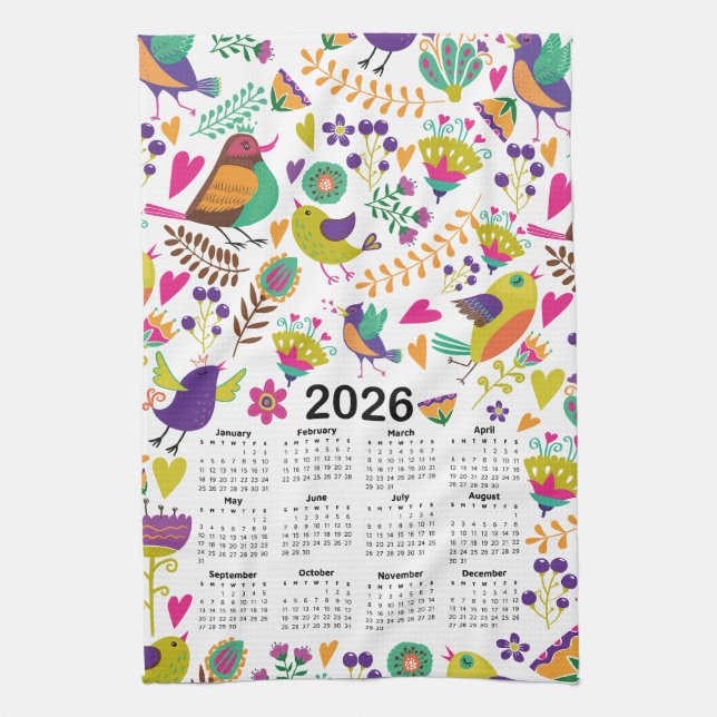 2026 Kalender Rosa och Lila Fåglar och blommor Kökshandduk (Vertikal)